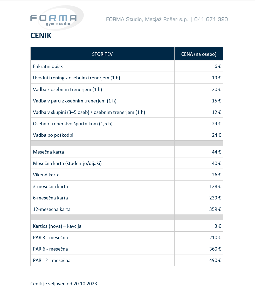 Cenik Forma gym studio